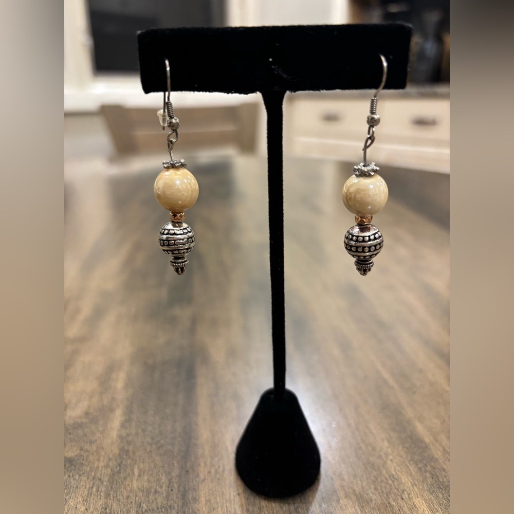 Elegant Cream Bead and Silver Dangle Earrings